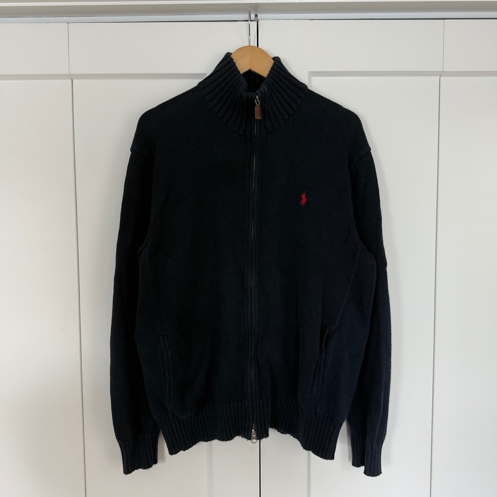 Mens Polo Ralph Lauren Full Zip Sweater XL Navy Blue Thick Heavy Knit